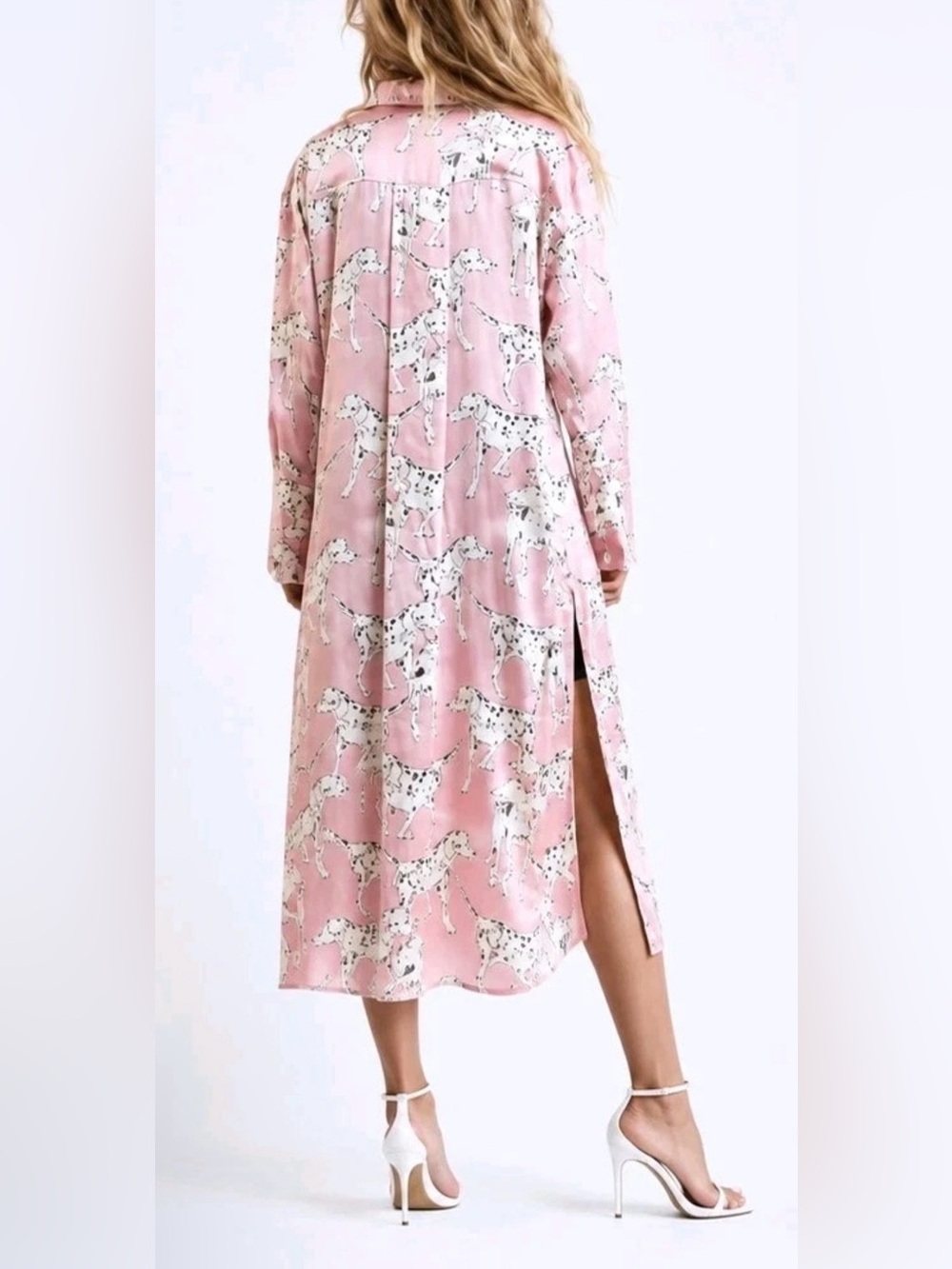Zara Pink Dalmatian Print Button Front Satin Effect Midi Dress - Picture 3 of 7